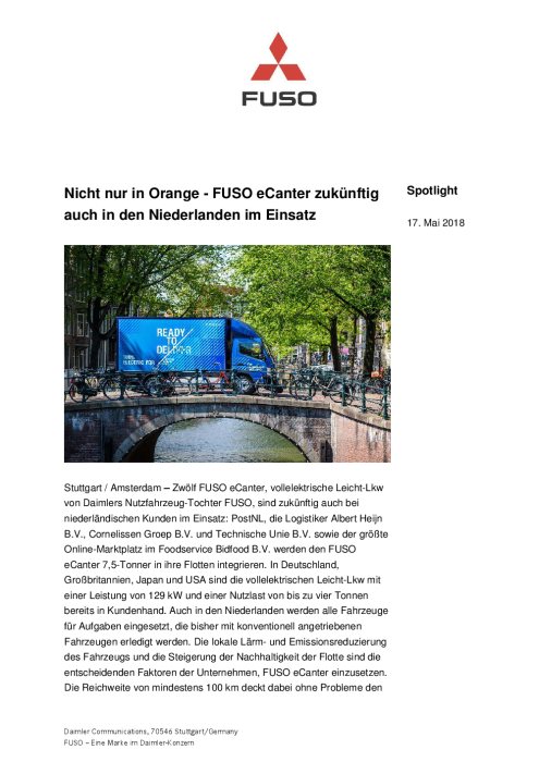 Nicht nur in Orange - FUSO eCanter zukünftig auch in den Niederlanden im Einsatz