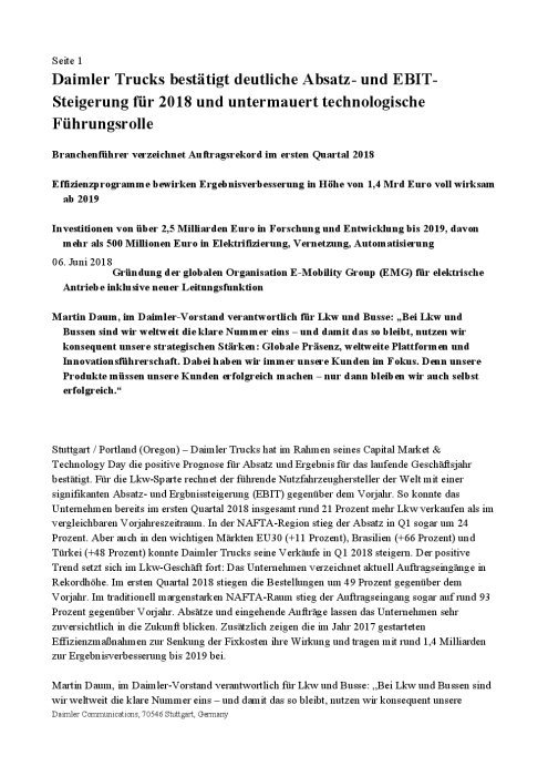 Daimler Trucks bestätigt deutliche Absatz- und EBIT-Steigerung für 2018 und untermauert technologische Führungsrolle