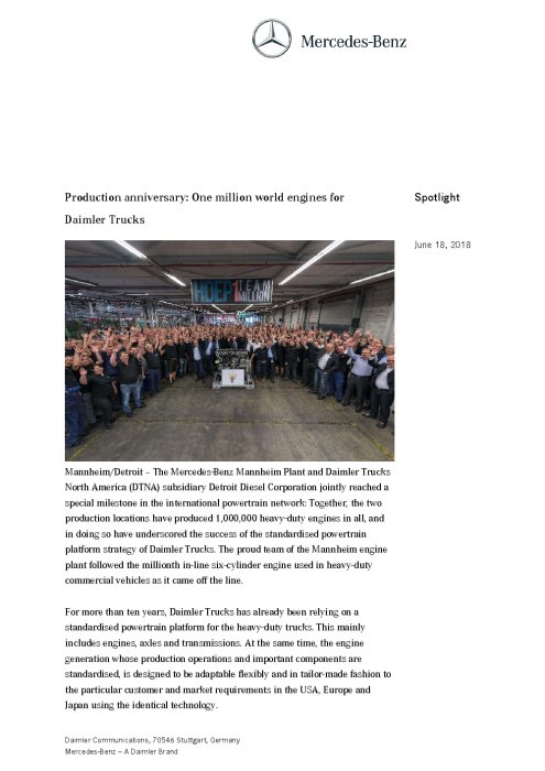 Production anniversary: One million world engines for Daimler Trucks