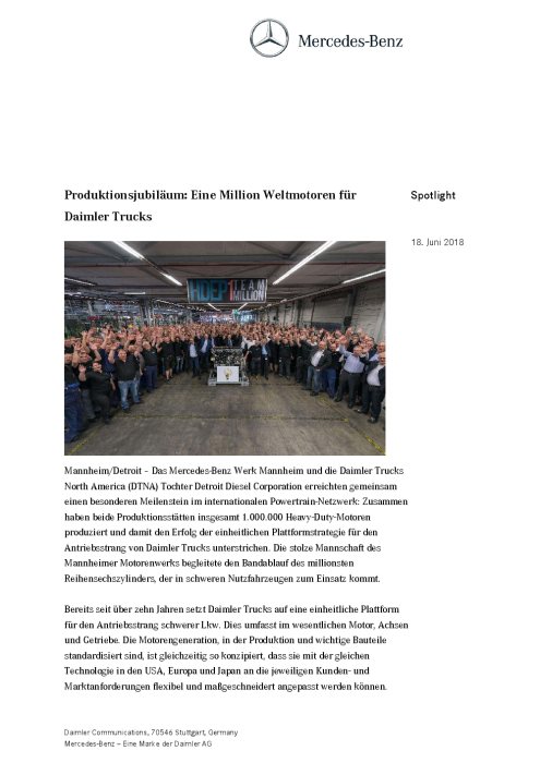 Produktionsjubiläum: Eine Million Weltmotoren für Daimler Trucks