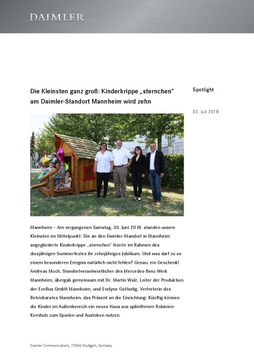 Die Kleinsten ganz groß: Kinderkrippe „sternchen” am Daimler-Standort Mannheim wird zehn