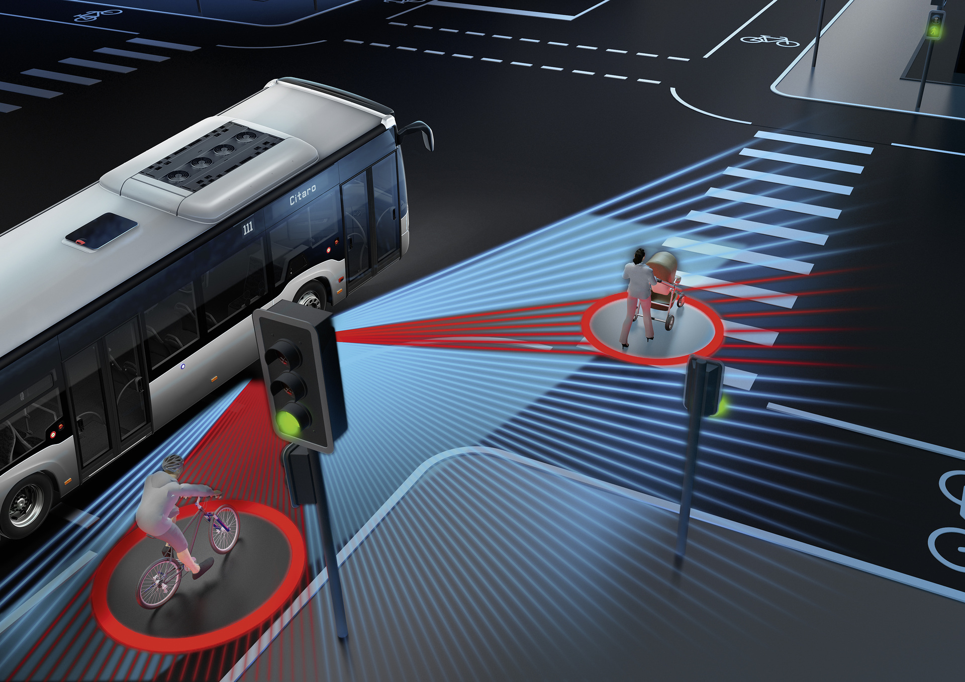 Mercedes-Benz Citaro hybrid with Preventive Brake Assist and Sideguard Assist, model year 2018. Preview IAA Daimler Buses – World Premiere eCitaro