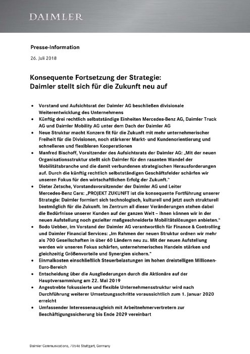 Konsequente Fortsetzung der Strategie: Daimler stellt sich für die Zukunft neu auf