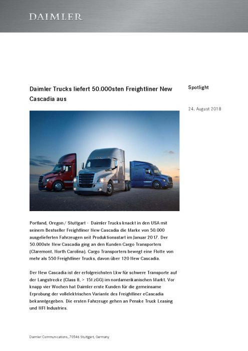 Daimler Trucks liefert 50.000sten Freightliner New Cascadia aus