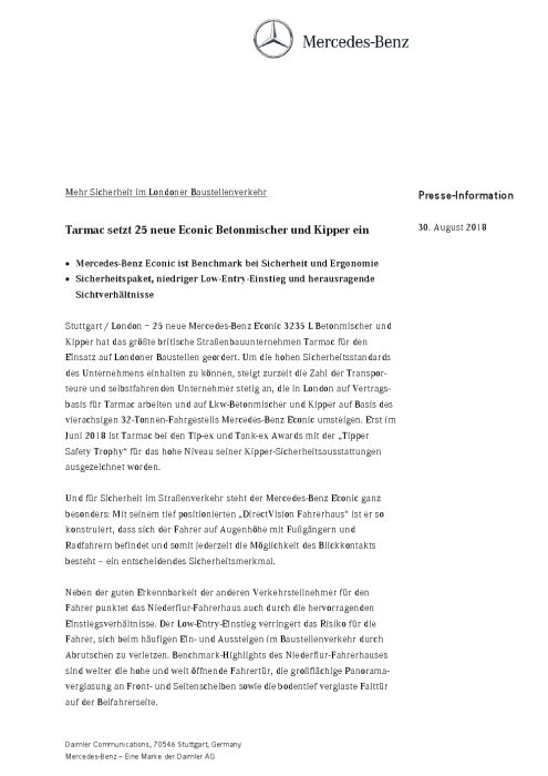 Mehr Sicherheit im Londoner Baustellenverkehr: Tarmac setzt 25 neue Econic Betonmischer und Kipper ein