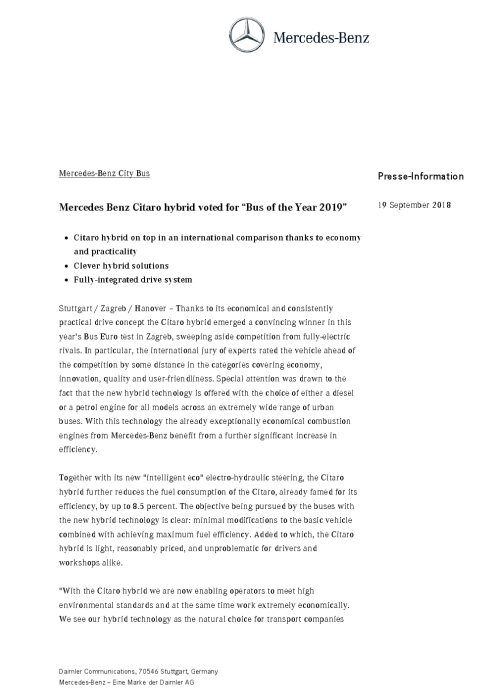 Mercedes Benz City Bus: Mercedes Benz Citaro hybrid voted for “Bus of the Year 2019”