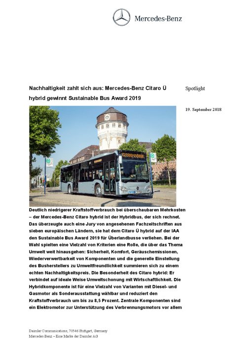 Nachhaltigkeit zahlt sich aus: Mercedes‑Benz Citaro Ü hybrid gewinnt Sustainable Bus Award 2019
