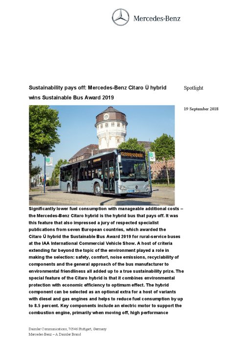 Sustainability pays off: Mercedes‑Benz Citaro Ü hybrid wins Sustainable Bus Award 2019