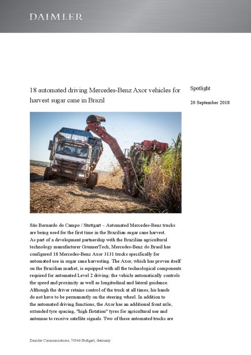 18 automated driving Mercedes-Benz Axor vehicles for harvest sugar cane in Brazil