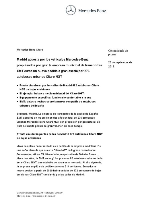 SPANISH: Mercedes-Benz Citaro: Madrid apuesta por los vehículos Mercedes-Benz propulsados por gas: la empresa municipal de transportes EMT cursa un nuevo pedido a gran escala por 276 autobuses urbanos Citaro NGT