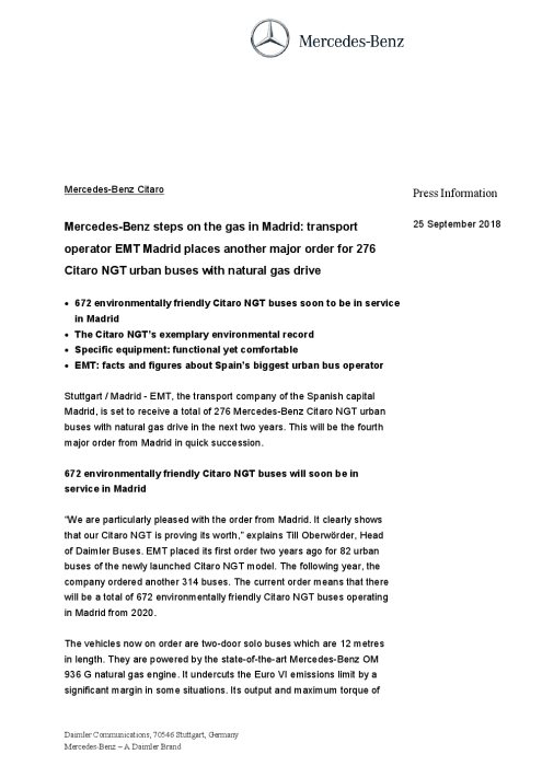 ENGLISH: Mercedes-Benz Citaro: Mercedes Benz steps on the gas in Madrid: transport operator EMT Madrid places another major order for 276 Citaro NGT urban buses with natural gas drive