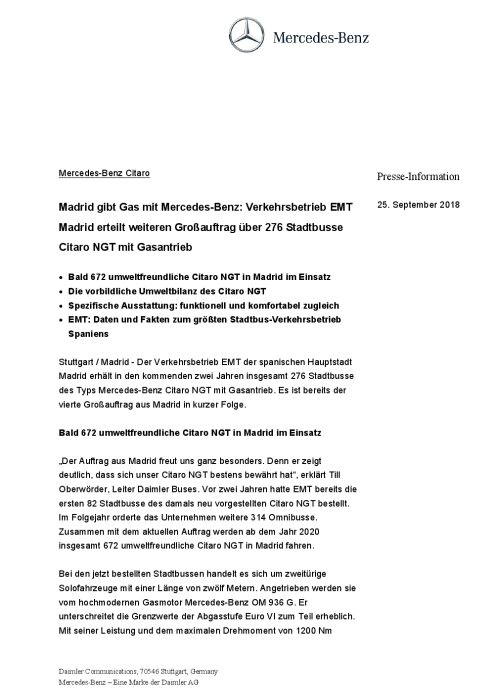 GERMAN: Mercedes Benz Citaro: Madrid gibt Gas mit Mercedes Benz: Verkehrsbetrieb EMT Madrid erteilt weiteren Großauftrag über 276 Stadtbusse Citaro NGT mit Gasantrieb