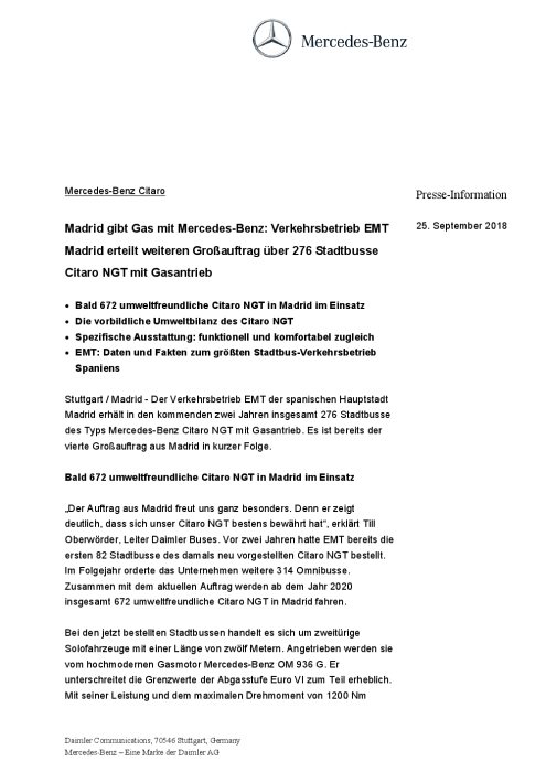 DEUTSCH: Mercedes Benz Citaro: Madrid gibt Gas mit Mercedes Benz: Verkehrsbetrieb EMT Madrid erteilt weiteren Großauftrag über 276 Stadtbusse Citaro NGT mit Gasantrieb