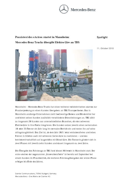 Praxistest des eActros startet in Mannheim: Mercedes-Benz Trucks übergibt Elektro-Lkw an TBS