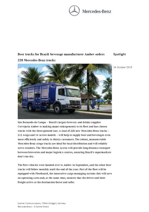 Beer trucks for Brazil: beverage manufacturer Ambev orders 228 Mercedes-Benz trucks