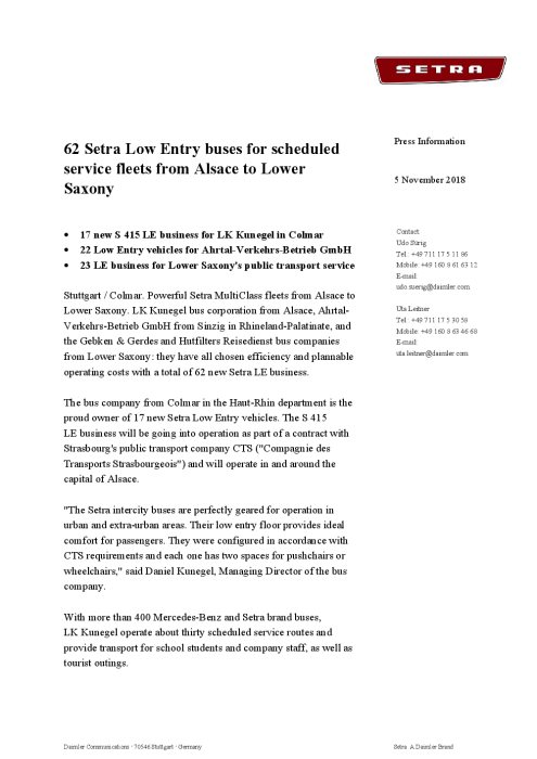 62 Setra Low Entry buses for scheduled service fleets from Alsace to Lower Saxony
