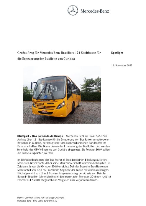 Großauftrag für Mercedes-Benz Brasilien: 121 Stadtbusse für die Erneuerung der Busflotte von Curitiba