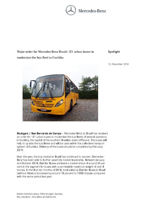 Major order for Mercedes-Benz Brazil: 121 urban buses to modernise the bus fleet in Curitiba