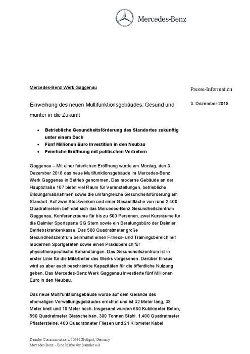 Mercedes-Benz Werk Gaggenau: Einweihung des neuen Multifunktionsgebäudes: Gesund und munter in die Zukunft