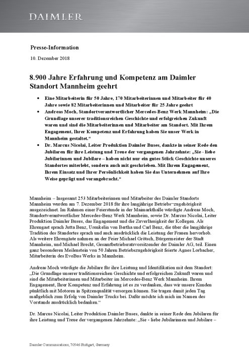 8.900 Jahre Erfahrung und Kompetenz am Daimler Standort Mannheim geehrt