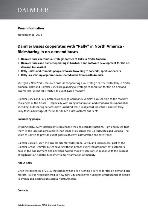 Daimler Buses cooperates with “Rally” in North America - Ridesharing in on-demand buses