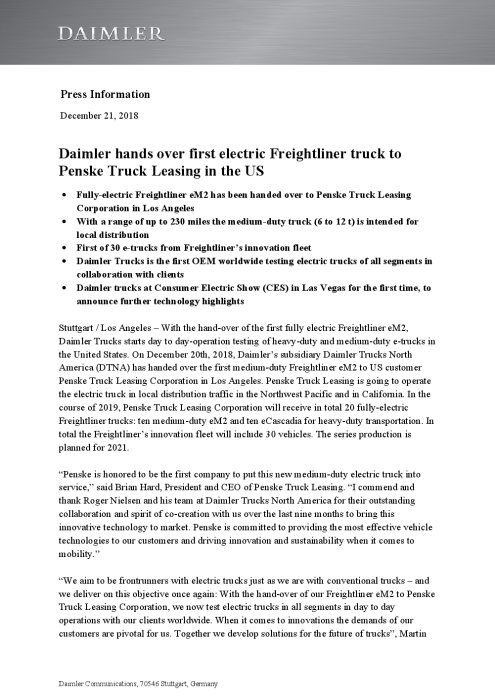 Daimler hands over first electric Freightliner truck to Penske Truck Leasing in the US