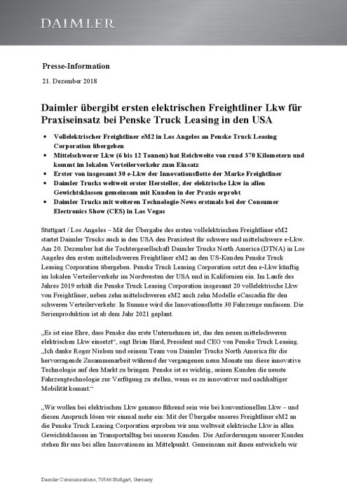 Daimler übergibt ersten elektrischen Freightliner Lkw für Praxiseinsatz bei Penske Truck Leasing in den USA