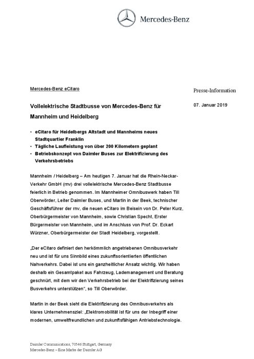 Mercedes Benz eCitaro: Vollelektrische Stadtbusse von Mercedes-Benz für Mannheim und Heidelberg