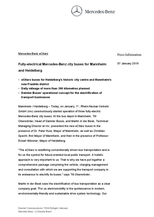 Mercedes-Benz eCitaro: Fully-electrical Mercedes-Benz city buses for Mannheim and Heidelberg