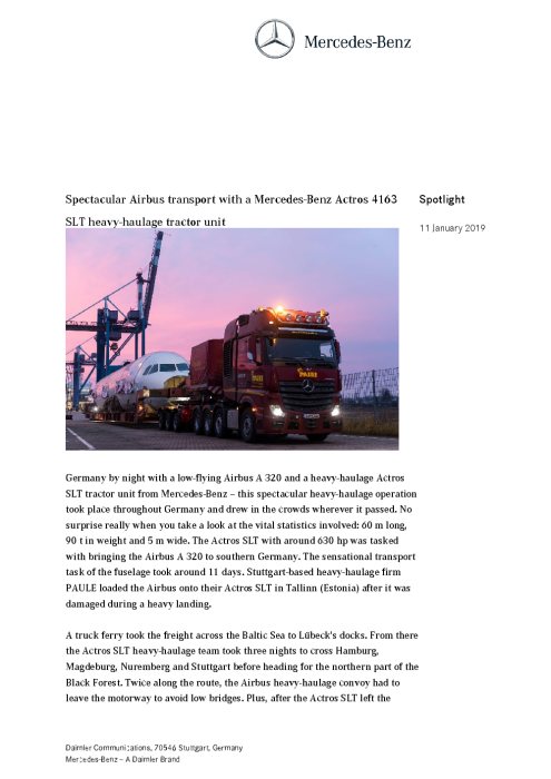 Spectacular Airbus transport with a Mercedes-Benz Actros 4163 SLT heavy-haulage tractor unit