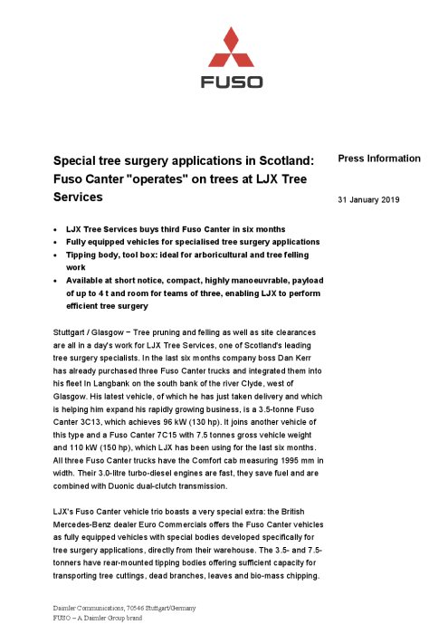 Special tree surgery applications in Scotland: Fuso Canter "operates" on trees at LJX Tree Services