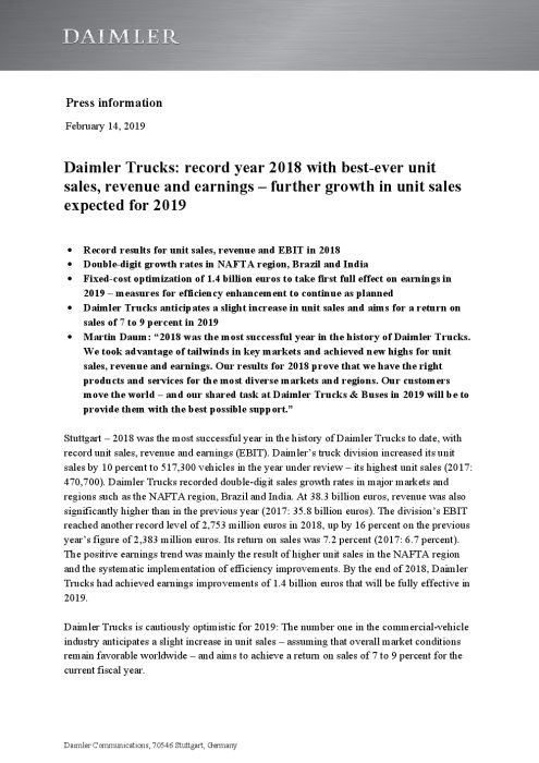 Daimler Trucks: record year 2018 with best-ever unit sales, revenue and earnings – further growth in unit sales expected for 2019