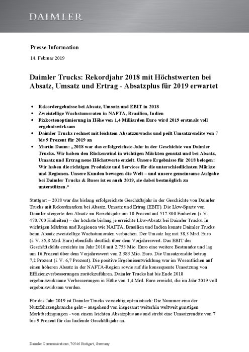 Daimler Trucks: Rekordjahr 2018 mit Höchstwerten bei Absatz, Umsatz und Ertrag - Absatzplus für 2019 erwartet