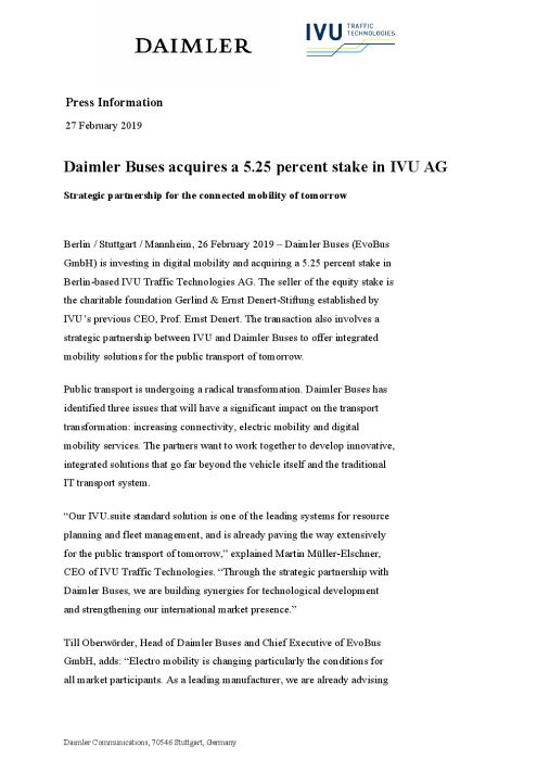 Daimler Buses acquires a 5.25 percent stake in IVU AG