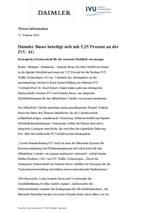 Daimler Buses beteiligt sich mit 5,25 Prozent an der IVU AG
