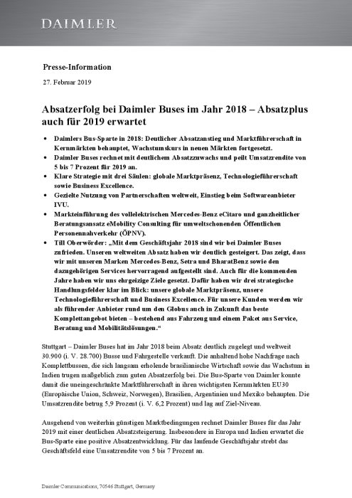 Absatzerfolg bei Daimler Buses im Jahr 2018 – Absatzplus auch für 2019 erwartet