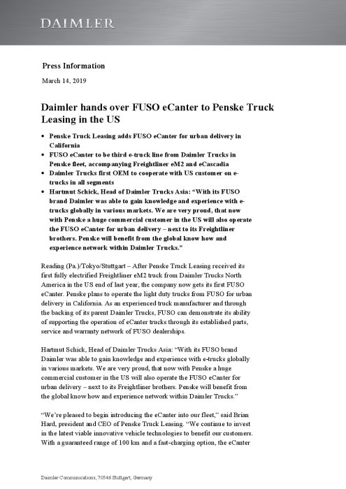 Daimler hands over FUSO eCanter to Penske Truck Leasing in the US