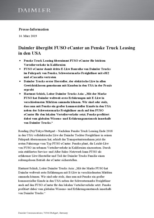 Daimler übergibt FUSO eCanter an Penske Truck Leasing in den USA