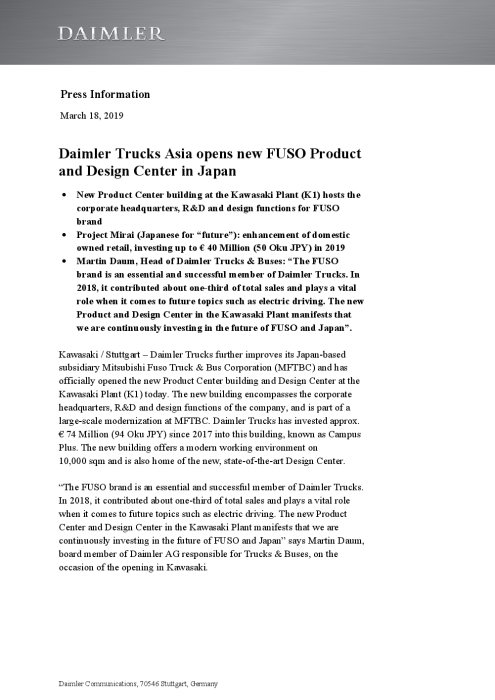 Daimler Trucks Asia opens new FUSO Product and Design Center in Japan
