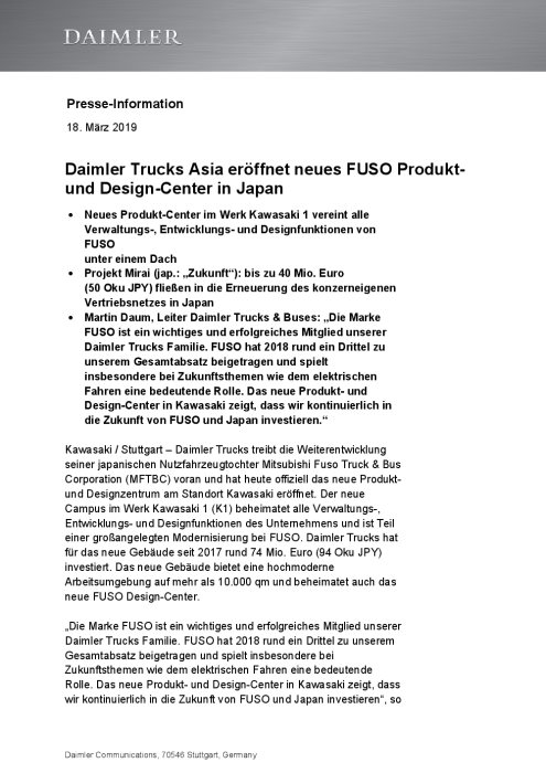 Daimler Trucks Asia eröffnet neues FUSO Produkt- und Design-Center in Japan