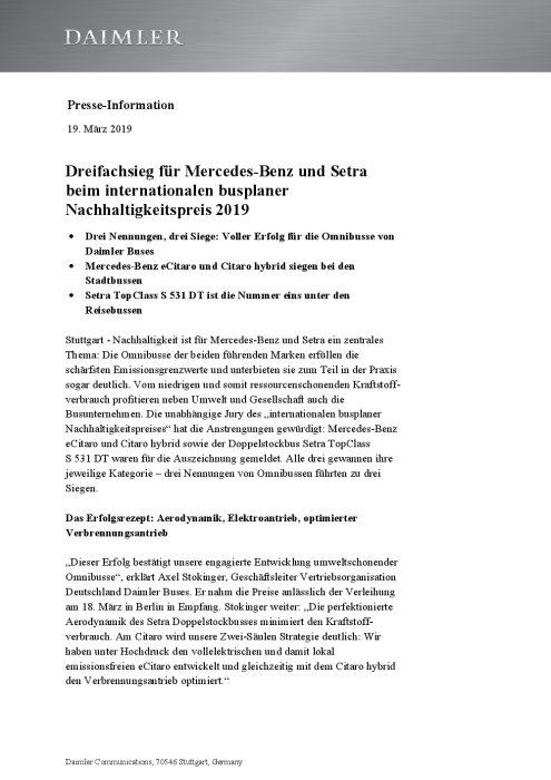 Dreifachsieg für Mercedes Benz und Setra beim internationalen busplaner Nachhaltigkeitspreis 2019