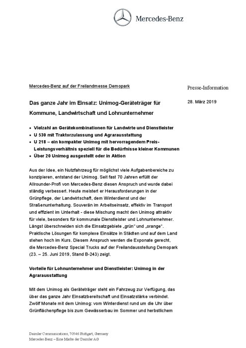 Mercedes-Benz auf der Freilandmesse Demopark: Das ganze Jahr im Einsatz: Unimog-Geräteträger für Kommune, Landwirtschaft und Lohnunternehmer