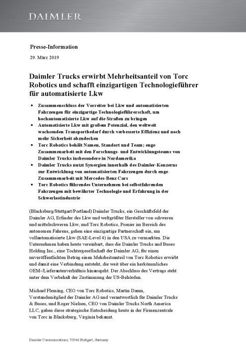 Daimler Trucks erwirbt Mehrheitsanteil von Torc Robotics und schafft einzigartigen Technologieführer für automatisierte Lkw