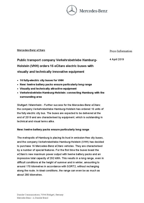 Mercedes-Benz eCitaro: Public transport company Verkehrsbetriebe Hamburg-Holstein (VHH) orders 16 eCitaro electric buses with visually and technically innovative equipment