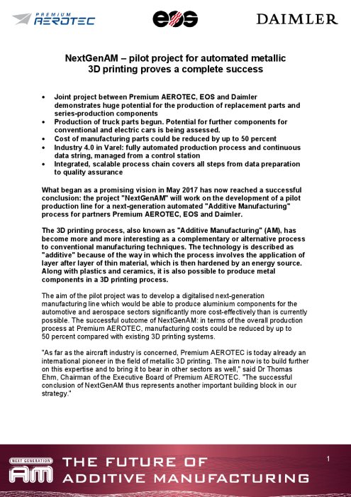 NextGenAM – pilot project for automated metallic 3D printing proves a complete success