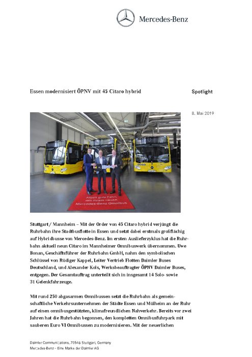 Essen modernisiert ÖPNV mit 45 Citaro hybrid