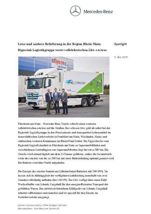 Leise und saubere Belieferung in der Region Rhein-Main: Rigterink Logistikgruppe testet vollelektrischen Lkw eActros