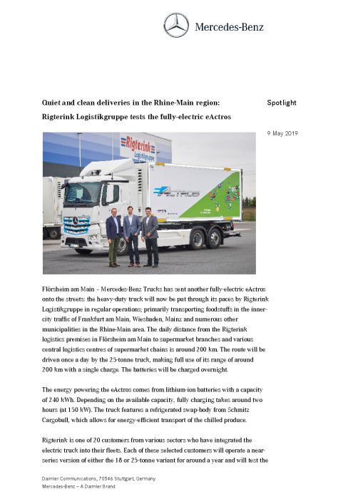 Quiet and clean deliveries in the Rhine-Main region: Rigterink Logistikgruppe tests the fully-electric eActros