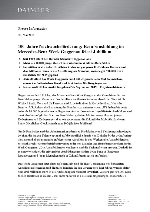 100 Jahre Nachwuchsförderung: Berufsausbildung im Mercedes-Benz Werk Gaggenau feiert Jubiläum