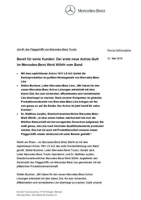 Job #1 des Flaggschiffs von Mercedes-Benz Trucks: Bereit für seine Kunden: Der erste neue Actros läuft im Mercedes-Benz Werk Wörth vom Band